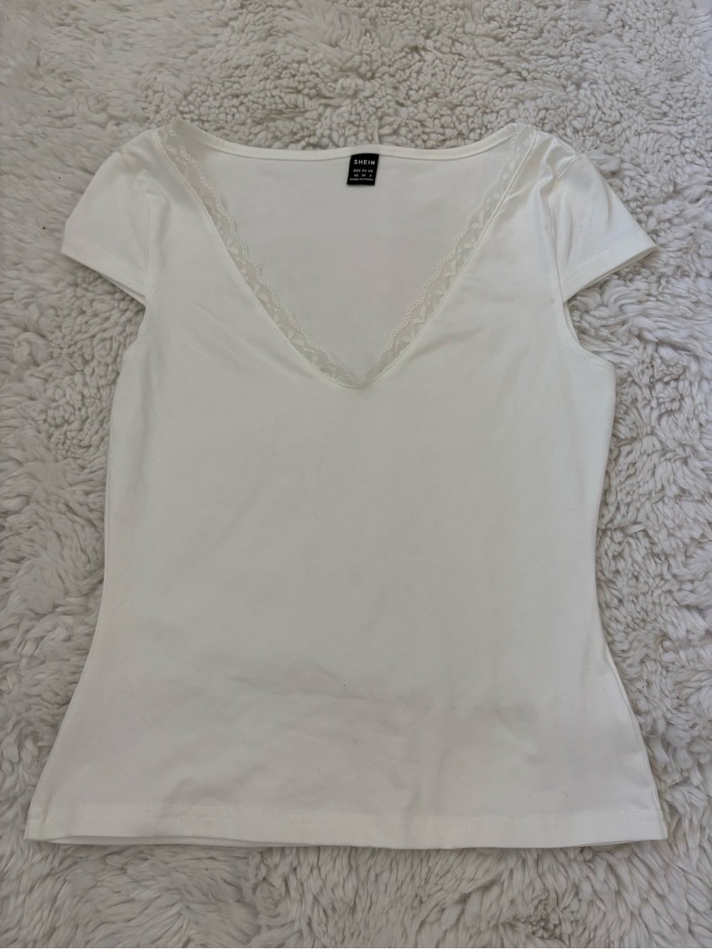 SHEIN White V-Neck Tee with Lace Trim